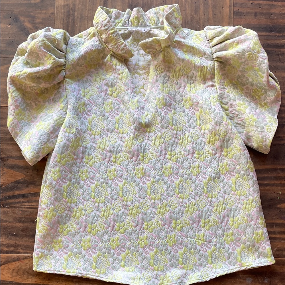 THML Floral Puff Sleeve Blouse - Pink and Yellow